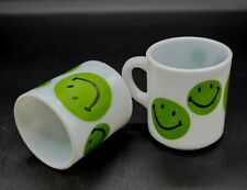 2pc Vtg Fire King Green Happy Smiley Face Milk Glass Coffee Mugs picture
