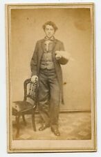 Young Man holding White Pigeon or Parrot Vintage CDV Photo. Bird picture