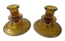 Vintage Pair of Matching Depression Era Glass Amber Candlestick Holders picture