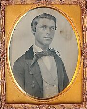 Handsome Tan Young Man Striped Vest Looking Away 1/9 Plate Daguerreotype T384 picture