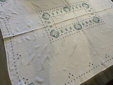 Vintage Very Large Rectangle Tablecloth, Linen, Flower Embroidery, White, Blue picture