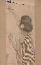 Artist Raphael Kirchner Woman Writing on the Wall Art Nouveau Postcard,Creased picture