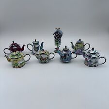 Vintage Brass Enameled Miniature Art Teapots Lot of 8 Some Kelvin Chen Signed picture