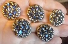 FIVE (5) Vintage Silver Tone Buttons w Sapphire Blue Rhinestones 7/8