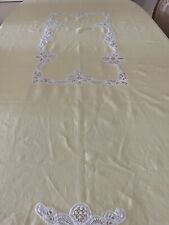 Vintage Yellow Linen Tablecloth /w White Battenburg Lace  Inserts & Trim 82