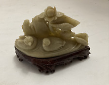 VINTAGE HAND CARVED CHINESE WHITE SOAPSTONE W/ BROWN BASE DUCKS / ROSE / SHELLS picture