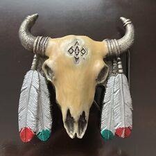 American Indian Cow Skull Feathers Vintage Heavy Belt Buckle 180g 3 x 3 picture