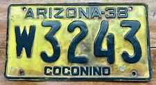 COOL, RUSTIC 1938 COCONINO COUNTY, ARIZONA LICENSE PLATE, W 3243, MVD CLEAR picture