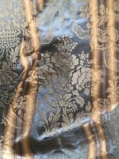One Antique French Silk Damask Curtain ~ Blue Brown Floral Basket Stripe Fabric picture