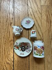 Vintage Floral Trinket Lot, Mini Tea Set, Mini Enesco Vase, Porcelain Thimble picture
