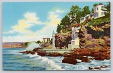 Laguna Beach California CA Cliffside Houses Waves on Pacific Ocean 1954 Postcard picture