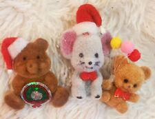 Vintage 1980s Flocked Fuzzy Brown Teddy Bears and Mouse Holiday Pins picture