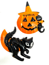 Pair (x2) vtg Halloween Black Cat JOL Pumpkin plastic cake toppers picture