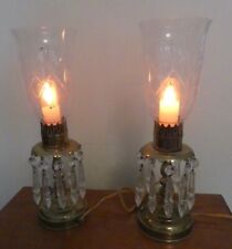 Pair of Vintage Hurricane Vanity Lamps with Brass Base and Hanging Prisms picture