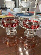 Vintage Bartlett Collins MCM Glass Cream & Sugar Set Art Deco Red Cranberry picture