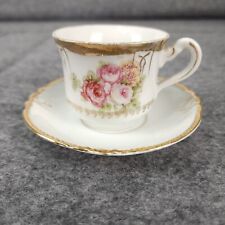 Three Crown China Germany TEACUP & SAUCER Gold Trim Floral Antique Vintage picture
