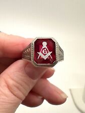 Vintage Ostby Barton Masonic Ring 10k White Gold Ruby Square Compass G - Sz 11.5 picture