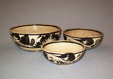 Antique Vtg Ca 1900s Set of Three Graduated Pottery Bowls Mexico Black Cream  picture