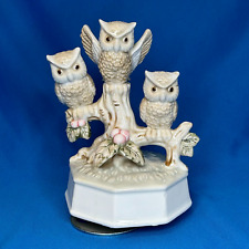 Vintage Hand Painted Porcelain Owl Trio Music Box Figurine - Plays 