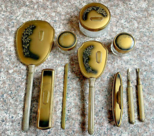 Antique 10 Piece Vanity Dresser Set Bronze Brass Tone Ribbed Powder & Cream Jars picture