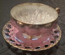 VTG Royal Sealy Japan Pink Gold Iridescent 3 Footed Teacup & Saucer Scalloped picture