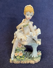 RARE FIND Ballerina in White Tutu on Stone Bench, Holding Flower Resin Figurine picture