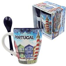 Traditional Portugal Aveiro Blue Ceramic Coffee Mug with Spoon and Gift Box picture