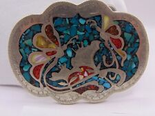 VINTAGE SW STYLE TURQUOISE & CORAL INLAY SILVER TONE BELT BUCKLE MARKED 692 picture