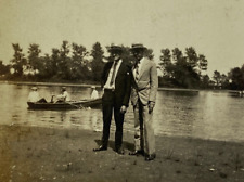 Two Men In Straw Hats By Lake With Boat B&W Photograph 3.5 x 4.5 picture