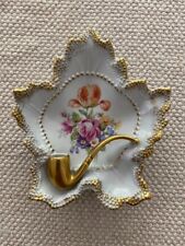 Vintage German Porcelain Gilded Leaf Shaped Ashtray Dish With Pipe picture
