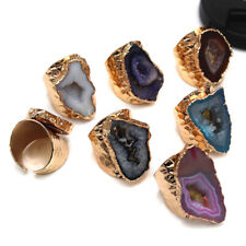 1PC Natural Raw Agate Geode Ring Stone Gold Plated Irregular Adjustable Open NEW picture