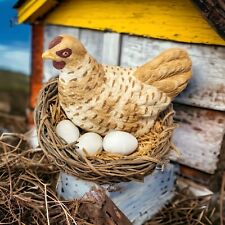 Vintage MIC Brown & White Ceramic Hen With Nest and 3 Eggs Farmhouse Gottagecore picture