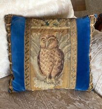 Superb Antique French Aubusson Tapestry & Passementerie Throw Pillow, 18th C Owl picture
