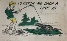 c. 1905 Man Fishing Catches Alligator or Crocodile Postcard Comedy Comic picture