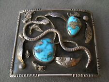 OLD Native American Navajo Morenci Turquoise Sterling Silver Snake Belt Buckle picture