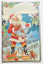 Vintage 1909 A MERRY CHRISTMAS GREETING EMBOSSED POSTCARD Santa w/Globe POEM picture