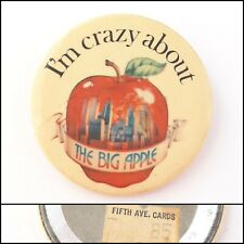 Vintage I'm Crazy About the Big Apple W/ 5th Ave Cards Tag Button Pin picture