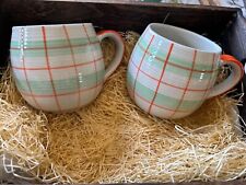 World Market Set of 2 Mint Green and Orange Plaid Ceramic Coffee Mugs Cups NEW picture