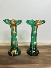 Pair of Antique Art Nouveau Green Glass Vases Hand Painted Bohemian Glass picture