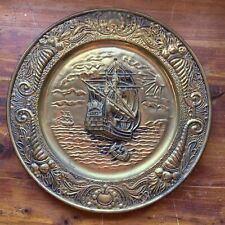 VTG MCM Brass Embossed 70's Wall Hanging Plate 2 Mast Sail Pirate Ship Nautical picture