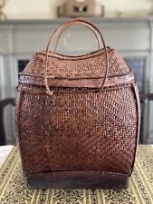 Vintage Basket Filipino Woven Pack Style Lid & Handles circa 17.5” X 13” X 15” picture