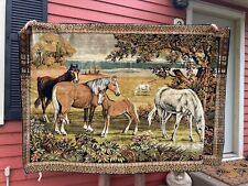 Vintage Italy MCM Horses In Field Tapestry Wall Hanging Western Cabin Decor picture