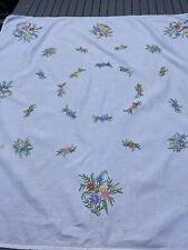 Vintage White Linen Tablecloth Hand Embroidered 40” x 40” floral pattern picture