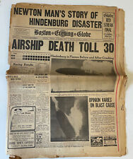 Hindenberg crash disaster The Boston Evening Globe May 1937 Complete Newspaper. picture