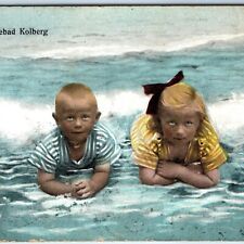 c1910s Kolberg, Poland Cute Polish Children Swim Baltic Sea Beach Postcard A171 picture
