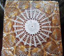 Vintage Large 32-inch Crochet Doily  Ivory and Orange-Yellow Leaf Pattern Border picture
