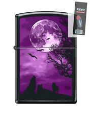 Zippo 82236 wolf howling at moon purple bats night Lighter + FLINT PACK picture