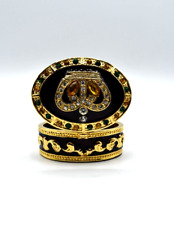 Vintage Gold Tone Crown Jewels Pill Trinket Box with Magnet Closure Black Enamel picture
