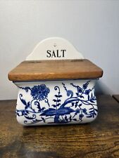Vintage Blue Danube Blue Onion Wall Mount Salt Cellar Box Wood Lid Made in Japan picture