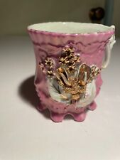Antique German Footed Shaving Mug Cup High Relief Ornate Pink Luster Gold Gilt picture